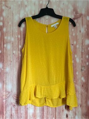 Fourteenth Place Yellow Swiss Dot Ruffle Trim Sleeveless Blouse Size L